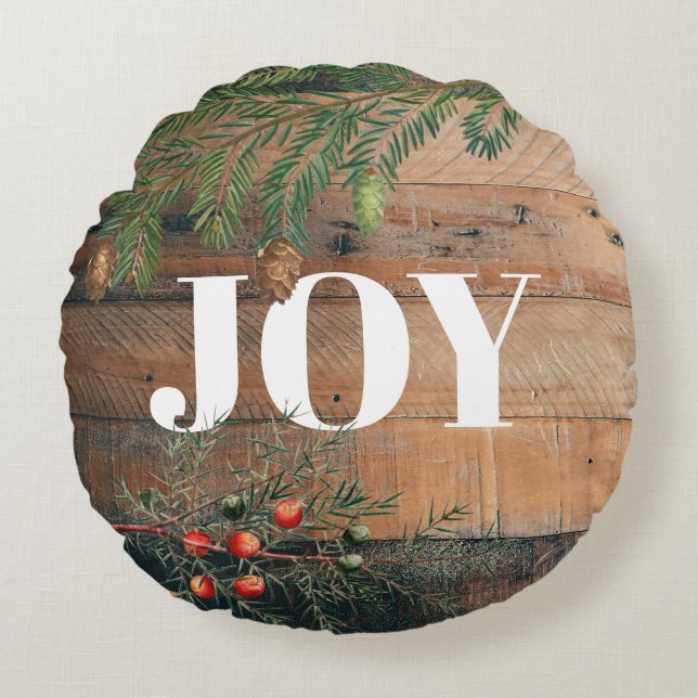 Christmas Rustic Wood Joy  Round Pillow (Front)