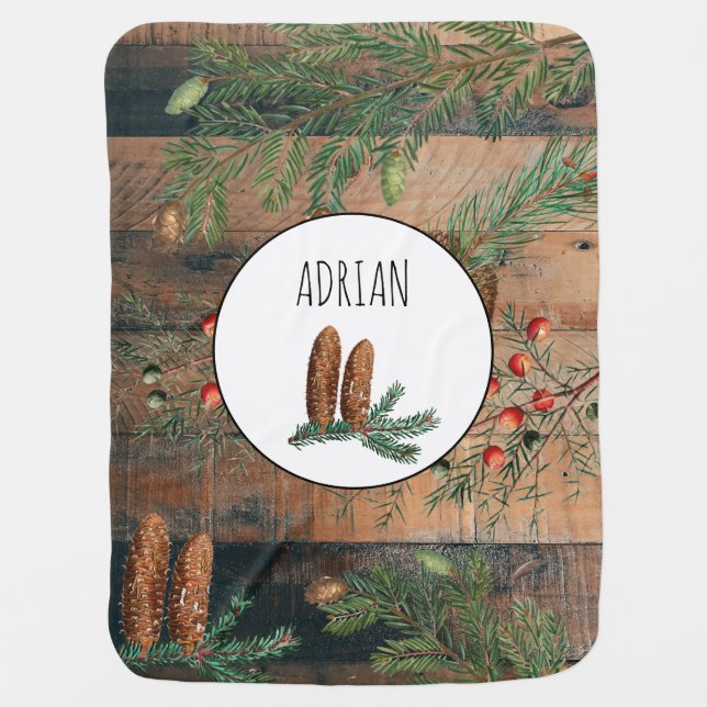 Christmas Rustic Wood Merry Christmas Custom Name Baby Blanket (Front)