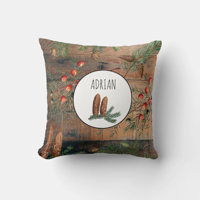 Christmas Rustic Wood Merry Christmas Custom Name Throw Pillow (Front)