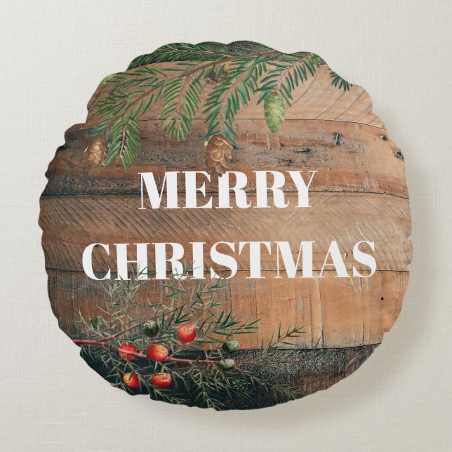 Christmas Rustic Wood Merry Christmas Round Pillow (Front)