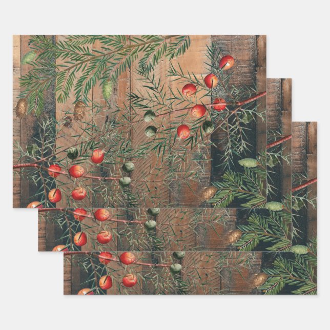 Christmas Rustic Wood Merry Christmas  Wrapping Paper Sheets (Set)