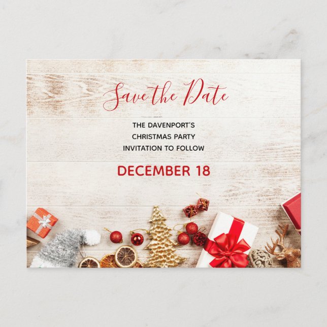 Christmas Rustic Wooden Board Save the Date Invitation Postcard (Front)