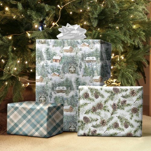 Christmas Rustic Woodland Forest Cabins Holiday  Wrapping Paper Sheets