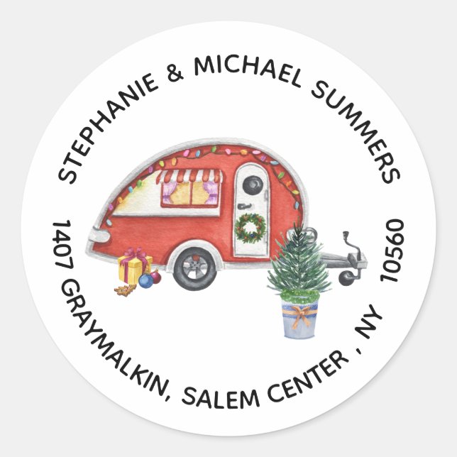  Christmas RV Camper Camping Return Address   Classic Round Sticker (Front)