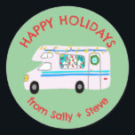Christmas RV CUSTOM Hand Drawn Holiday Classic Round Sticker<br><div class="desc">Use these sweet whimsical stickers for your holiday mail or gifts. Hand drawn by me for you. Fully editable, add your own text or background color. Click "personalize" to edit the text, and you can also change the font or color. THANK YOU FOR SUPPORTING INDEPENDENT ARTISTS! All artwork and designs...</div>