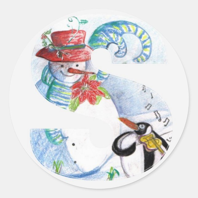 CHRISTMAS S LETTER ,PENGUIN'S SERENADE  MONOGRAM CLASSIC ROUND STICKER (Front)