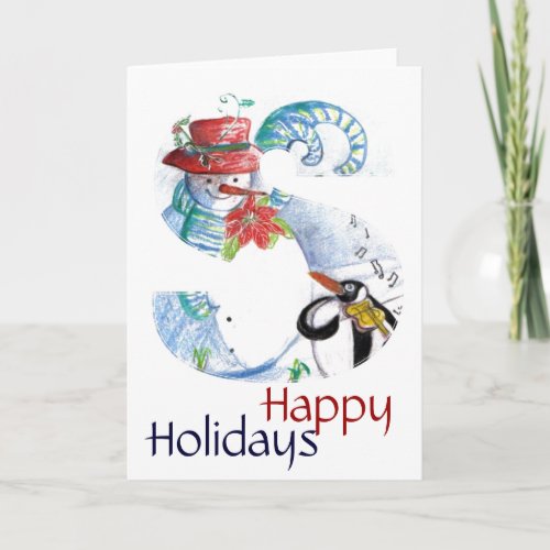 CHRISTMAS S LETTER PENGUINS SERENADE  MONOGRAM HOLIDAY CARD