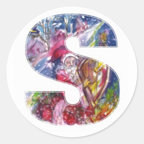 CHRISTMAS S LETTER   SANTA  PLAYING HARP CLASSIC ROUND STICKER