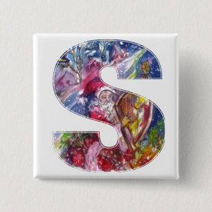 CHRISTMAS S LETTER  / SANTA  PLAYING HARP PINBACK BUTTON