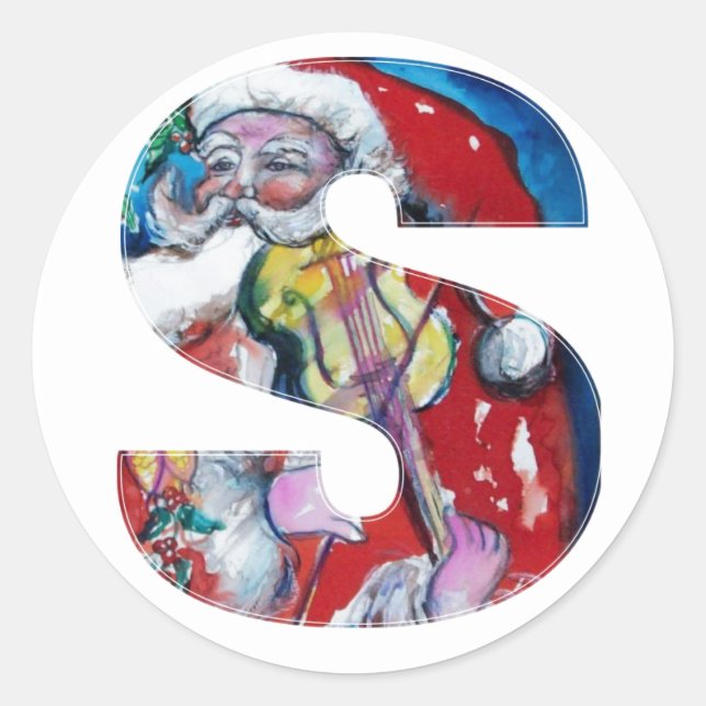 CHRISTMAS S LETTER  / SANTA WITH VIOLIN MONOGRAM CLASSIC ROUND STICKER (Front)