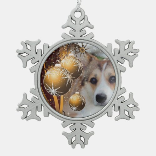 Christmas Sable Corgi Snowflake Pewter Christmas Ornament