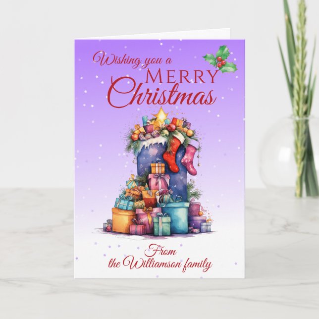 Christmas Sack And Gifts Family Purple Holiday Card (Front)