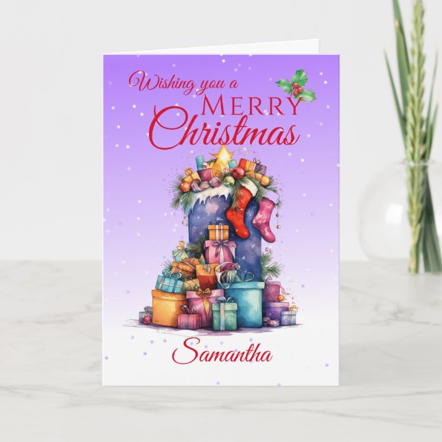 Christmas Sack and Gifts Purple Holiday Card (Front)