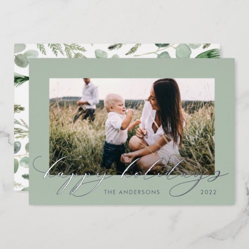 Christmas sage green 1 photo botanical script  foil holiday card