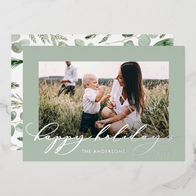 Christmas sage green 1 photo botanical script  foil holiday card (Front/Back)
