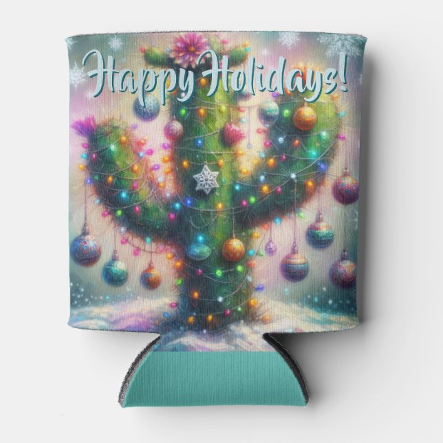 Christmas Saguaro Cactus Whimsical Desert Holiday Can Cooler (Front)