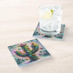 Christmas Saguaro Cactus Whimsical Snowflakes  Glass Coaster