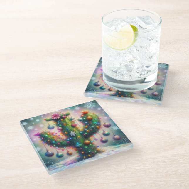 Christmas Saguaro Cactus Whimsical Snowflakes  Glass Coaster (Angled)