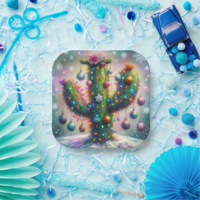 Christmas Saguaro Cactus Whimsical Snowflakes  Paper Plates (Party)