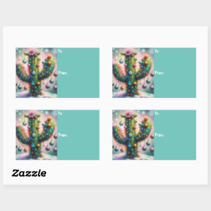 Christmas Saguaro Cactus Whimsical Snowflakes Rectangular Sticker