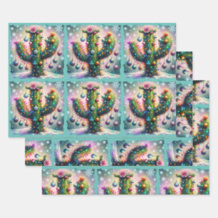 Christmas Saguaro Cactus Whimsical Snowflakes  Wrapping Paper Sheets