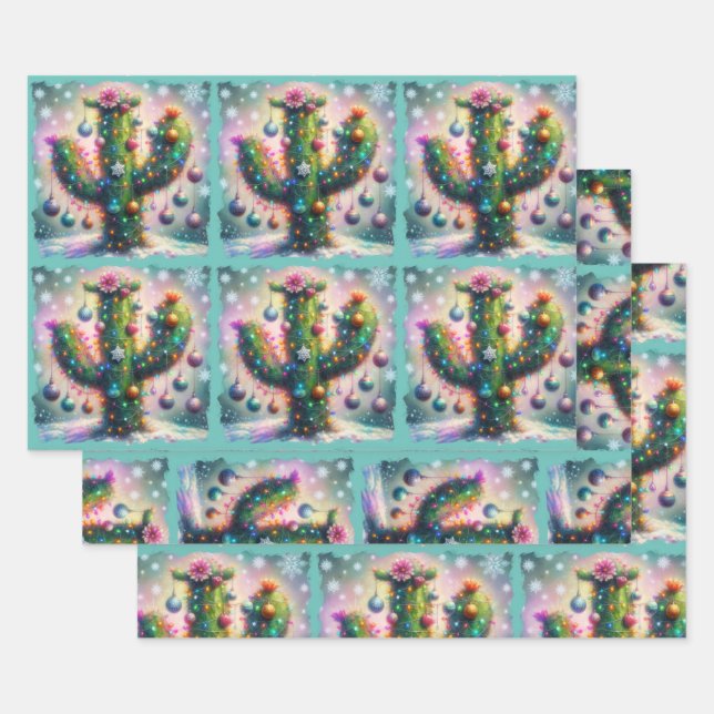 Christmas Saguaro Cactus Whimsical Snowflakes  Wrapping Paper Sheets (Set)