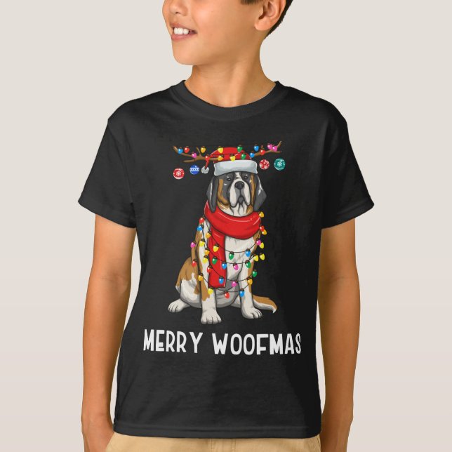 Christmas Saint Bernard Dog Holiday Lights Merry W T-Shirt (Front)