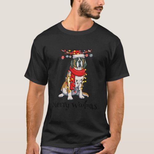 Christmas Saint Bernard Dog Holiday Lights Merry W T_Shirt