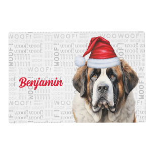 Christmas Saint Bernard Santa Dog with Name Pet Placemat