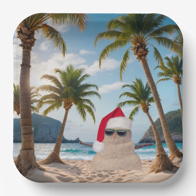 Christmas Sand Man On a Beach Paper Plates (Front)