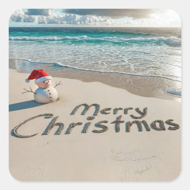 Christmas Sand Man On a Beach Square Sticker (Front)