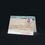 Christmas Sand Snowman On Beach Card<br><div class="desc">Holiday sand snowman with sunglasses and cap on a beach with torn edge border.
Text is editable.</div>