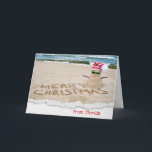 Christmas Sand Snowman On Beach Card<br><div class="desc">Holiday sand snowman with sunglasses and cap on a beach with torn edge border.
Text is editable.</div>