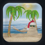 Christmas Sandman On Tropical Beach Paper Plates<br><div class="desc">Cute sandman wearing a Santa Claus hat and sunglasses on beach sand with holiday lights in palm trees and hammock.</div>