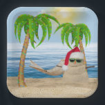 Christmas Sandman On Tropical Beach Paper Plates<br><div class="desc">Cute sandman wearing a Santa Claus hat and sunglasses on beach sand with holiday lights in palm trees and hammock.</div>
