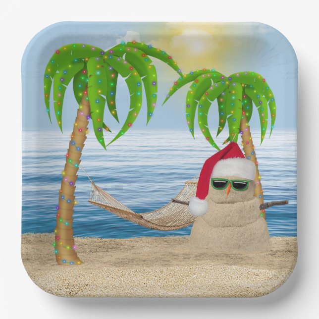 Christmas Sandman On Tropical Beach Paper Plates (Front)