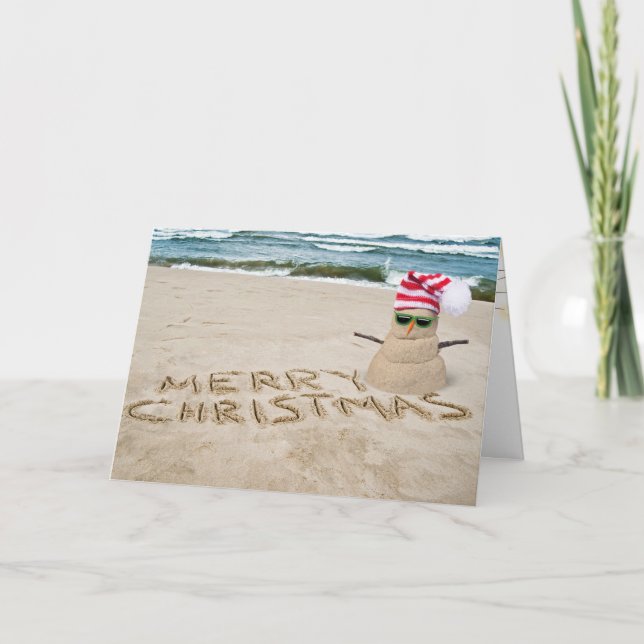 Christmas sandy snowman on beach holiday card (Front)