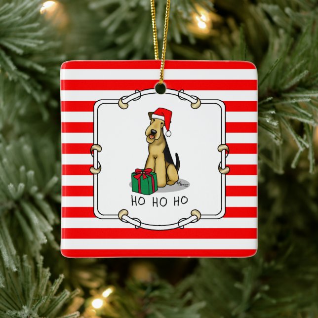 Christmas Santa Airedale Terrier HO HO HO Cute Ceramic Ornament (Tree)