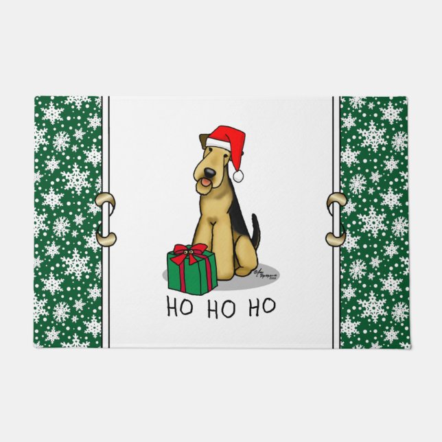 Christmas Santa Airedale Terrier HO HO HO Cute Doormat (Front)