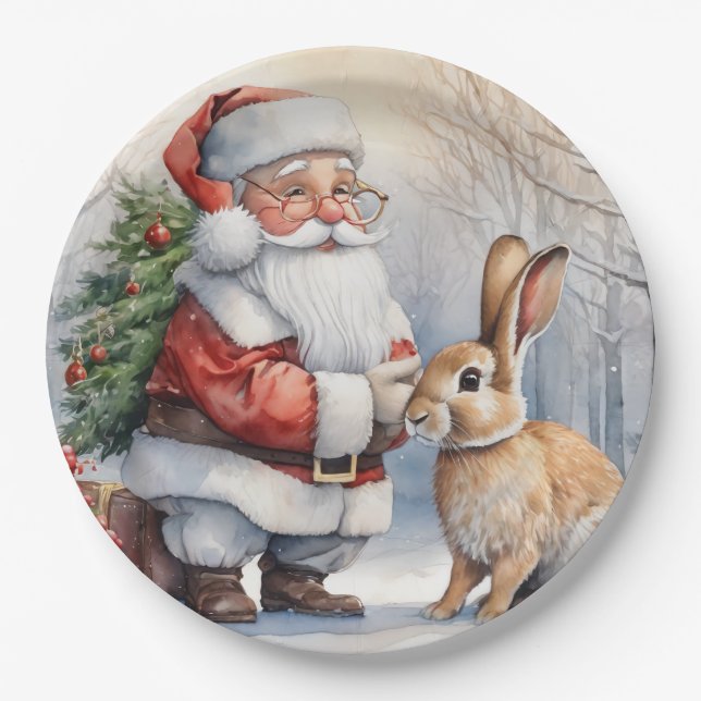 Christmas Santa and Bunny Nature Illustration  Paper Plates (Front)