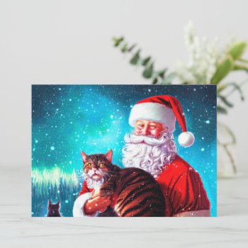 Christmas Santa And Cat Flat Note Card by vintagecreations at Zazzle