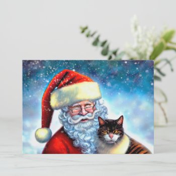 Christmas Santa And Cat Flat Note Card by vintagecreations at Zazzle