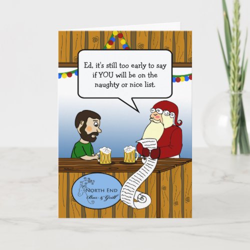 Christmas Santa and Guy at Bar Going Over List Card