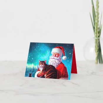 Christmas Santa And His Cat Holiday Card by vintagecreations at Zazzle
