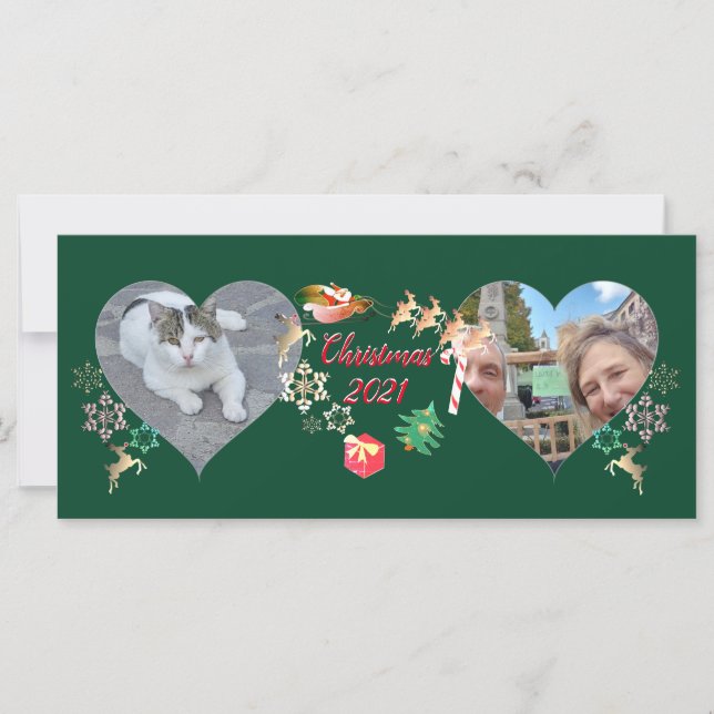 Christmas Santa and Reindeer 2 Photos Greeting (Front)