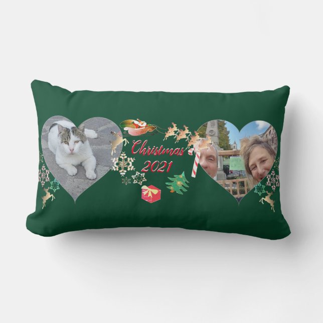 Christmas Santa and Reindeer 2 Photos Greeting Lumbar Pillow (Front)
