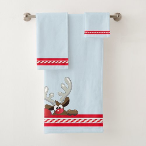 Christmas Santa and Reindeer Blue White  Red Bath Towel Set
