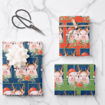 Christmas Santa And Reindeer Pigs Wrapping Paper Sheets