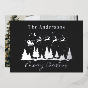 Christmas santa and reindeer sleigh black photo foil holiday card