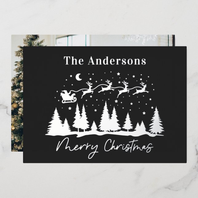 Christmas santa and reindeer sleigh black photo foil holiday card (Front/Back)